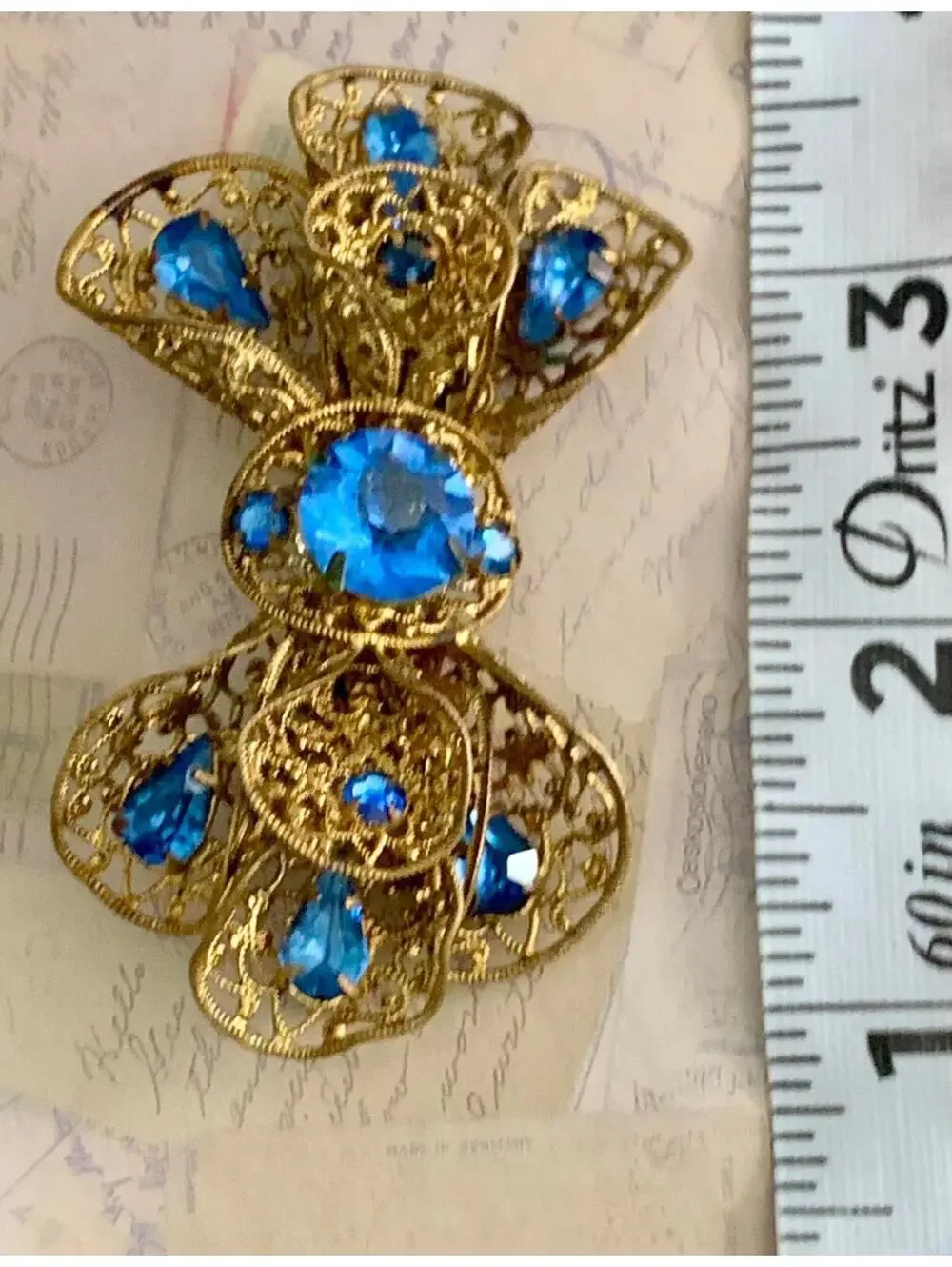 Vintage Blue Rhinestone Bow Brooch | Filigree Pin | Mid-Century Jewelry
